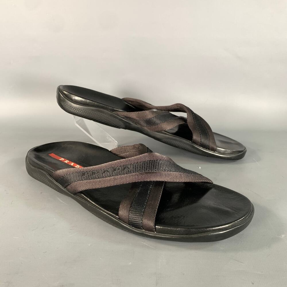PRADA Size 10 Black Mixed Fabrics Leather Canvas Flip flops Sandals